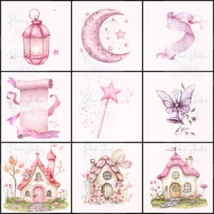 Puede incluir: Una colecci&oacute;n de nueve ilustraciones en acuarela con elementos caprichosos. Las im&aacute;genes incluyen una linterna rosa, una luna creciente con estrellas, una cinta, un pergamino, una varita de estrella, una campana con alas de mariposa y casas de hadas. La paleta de colores es rosa suave.