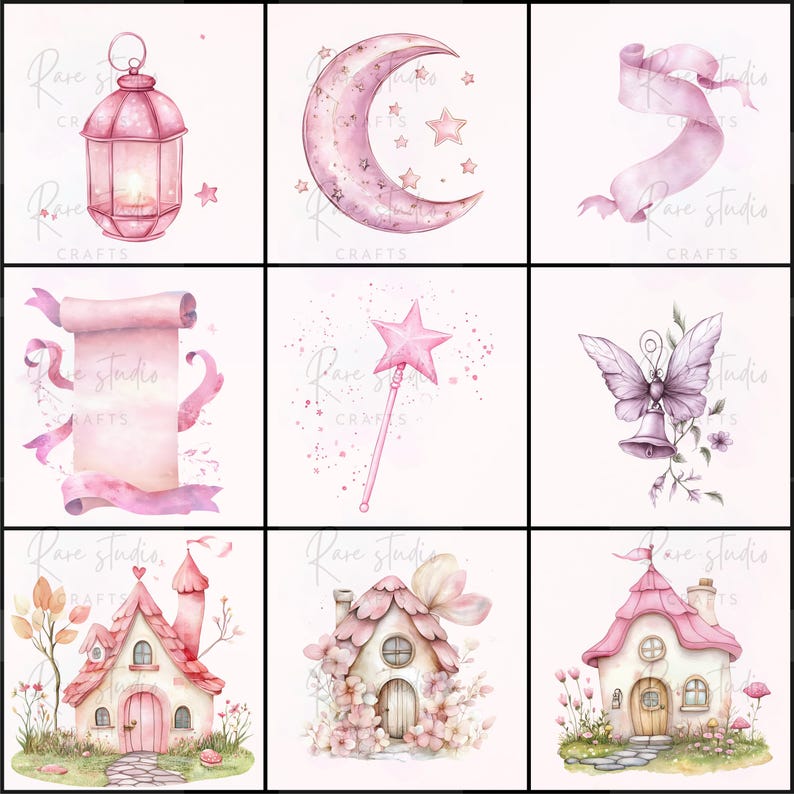Puede incluir: Una colecci&oacute;n de nueve ilustraciones en acuarela con elementos caprichosos. Las im&aacute;genes incluyen una linterna rosa, una luna creciente con estrellas, una cinta, un pergamino, una varita de estrella, una campana con alas de mariposa y casas de hadas. La paleta de colores es rosa suave.