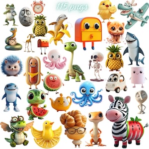 May include: A collection of 3D cartoon character PNGs, including a frog, an egg-shaped face, a pineapple, a dolphin, a mailbox, a chick, a cat, a shark, a snake, a camel, a hot dog, an octopus, a turtle, a skeleton, a car, a zebra, and more.