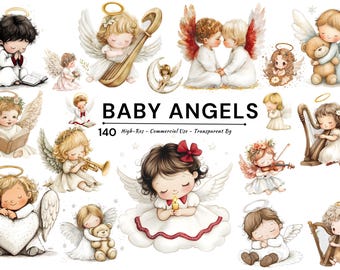 May include: Watercolor illustrations of baby angels with halos and wings. The images depict angels playing musical instruments, holding books, and embracing teddy bears. The text "BABY ANGELS" is displayed prominently.