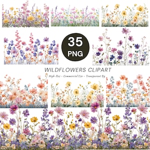 Op de afbeelding: Een verzameling aquarel clipart-afbeeldingen van wilde bloemen. De afbeeldingen tonen verschillende kleurrijke wilde bloemen in tinten roze, paars, geel en oranje. De tekst "35 PNG" staat in een zwarte cirkel. De tekst "WILDFLOWERS CLIPART" staat eronder.