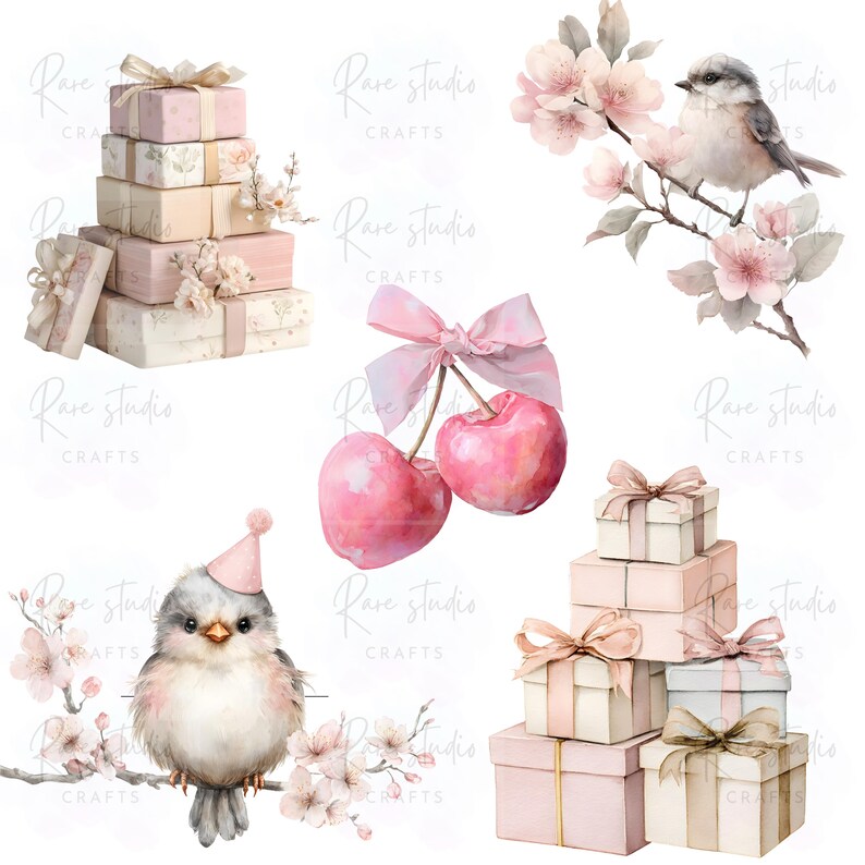 Pastel Birthday Clipart Bundle Watercolor Party PNG Flowers Cake Bird ...