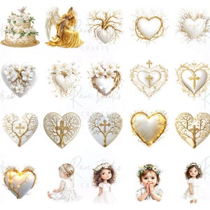 Christening clipart bundle with boy and girl baptism gown, candles, and rosary watercolor PNG