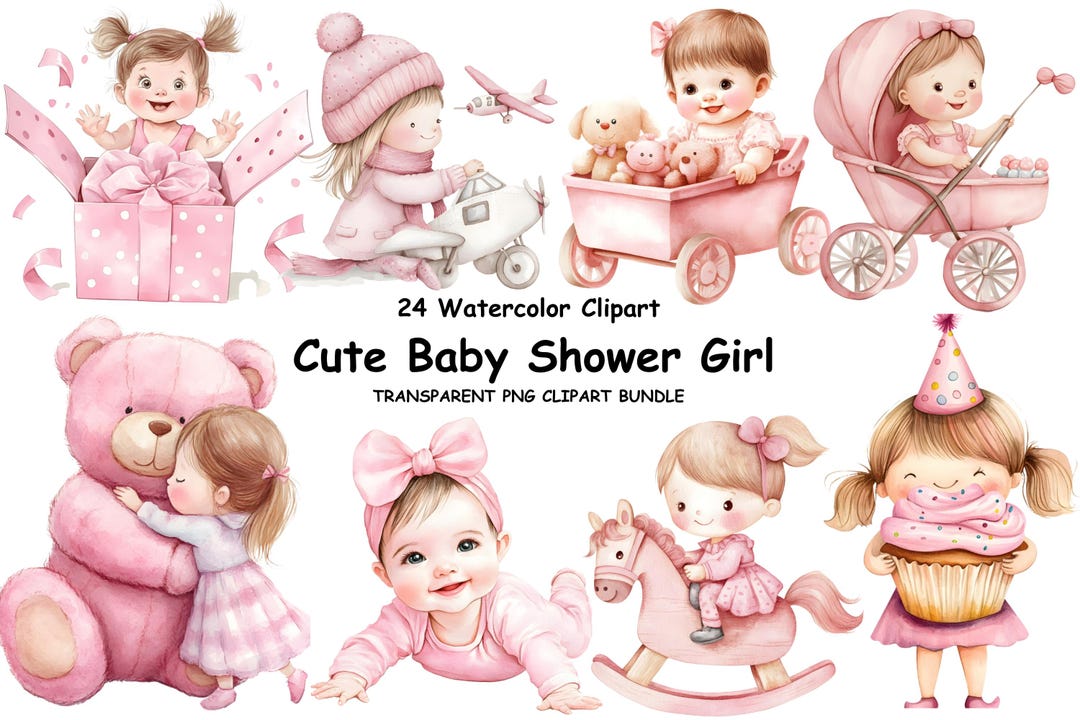 Watercolor Baby Girl Clipart: Pink Baby Shower Graphics (PNG Digital ...