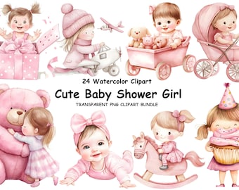 Watercolor Baby Girl Clipart: Pink Baby Shower Graphics (PNG Digital Download)