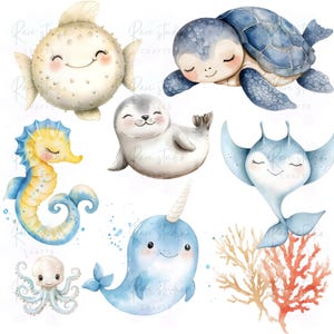 May include: Watercolor illustration of various sea creatures, including a pufferfish, sea turtle, seal, seahorse, octopus, narwhal, and stingray. The creatures are in soft pastel colors with smiling faces, and coral is also included.