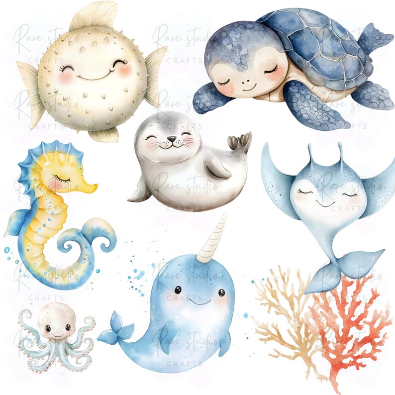 May include: Watercolor illustration of various sea creatures, including a pufferfish, sea turtle, seal, seahorse, octopus, narwhal, and stingray. The creatures are in soft pastel colors with smiling faces, and coral is also included.