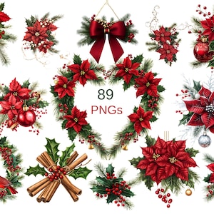 May include: Watercolor illustrations of Christmas decorations, including poinsettias, ornaments, wreaths, and holly. The image includes the text "89 PNGs". The decorations are in shades of red, green, and white.
