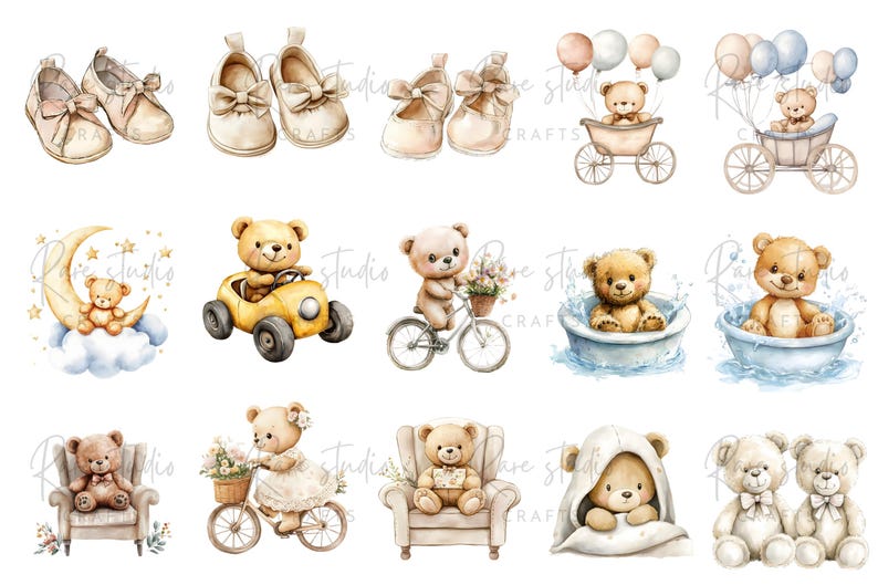 Watercolor Teddy Bear Clipart Bundle: Beige Nursery Art (PNG Digital ...