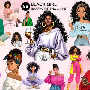 Black Girl Clipart Bundle: Afro Denim Fashion Graphics (PNG Digital Download)