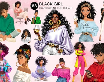 Black Girl Clipart Bundle: Afro Denim Fashion Graphics (PNG Digital Download)