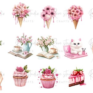 Girly clipart PNG, trendy planner set with pink lifestyle art, chic journal clipart and fashion wall prints