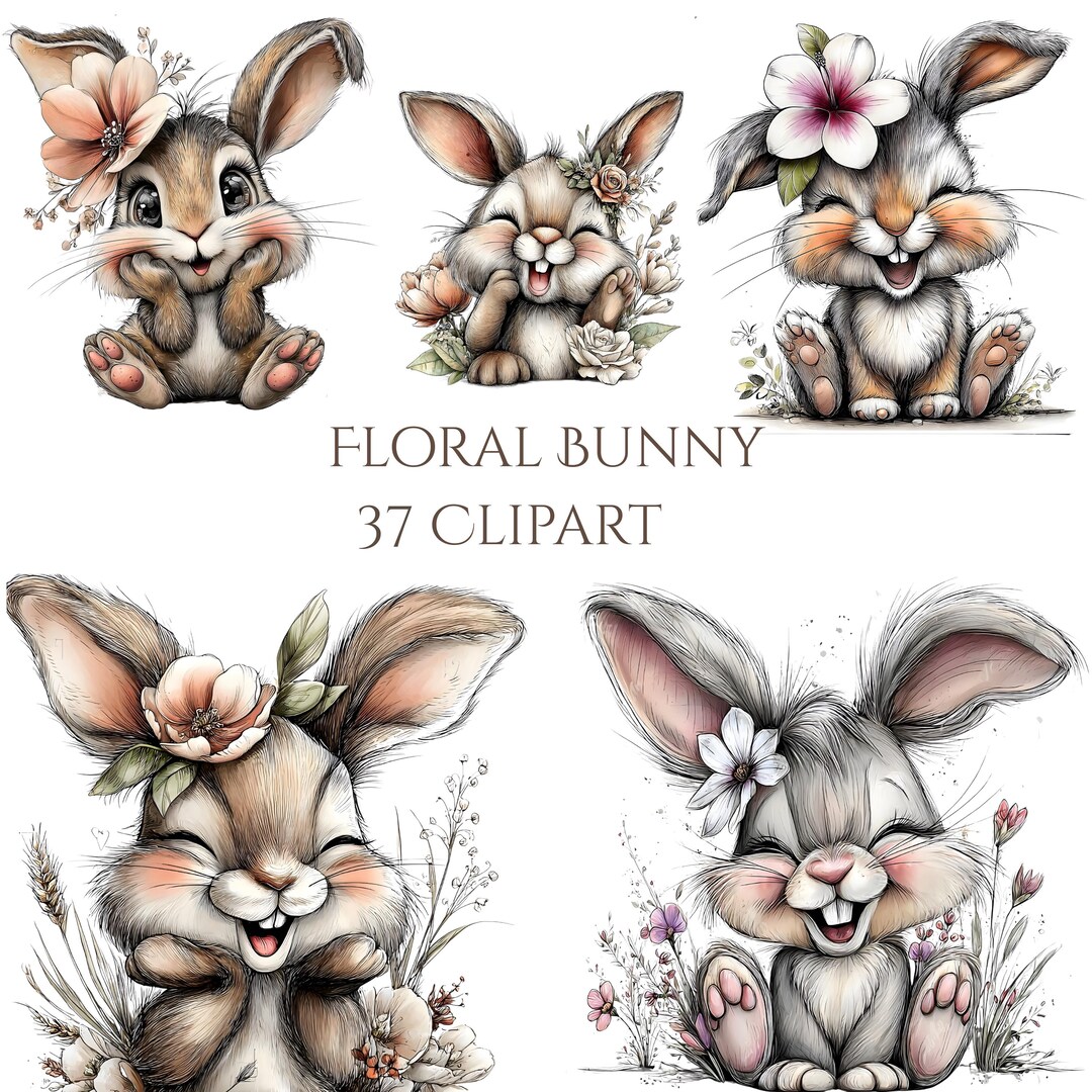 Floral Bunny Clipart Bundle Easter Rabbit PNG Watercolor Spring Flowers ...