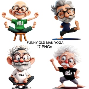 Könnte beinhalten: Vier Cartoon-Bilder eines älteren Mannes in Yoga-Posen. Der Mann trägt eine Brille und hat einen weißen Schnurrbart und Haare. Der Text "FUNNY OLD MAN YOGA" und "17 PNGs" wird angezeigt.