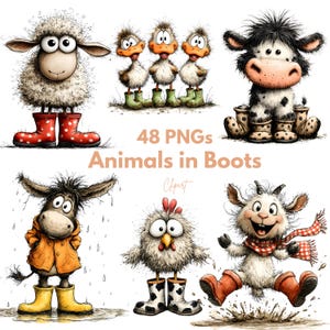May include: A collection of whimsical animal illustrations, including a sheep, ducks, a cow, a donkey, a chicken, and a goat, all wearing boots. The image includes the text "48 PNGs Animals in Boots". The animals are depicted in a cartoon style with vibrant colors.
