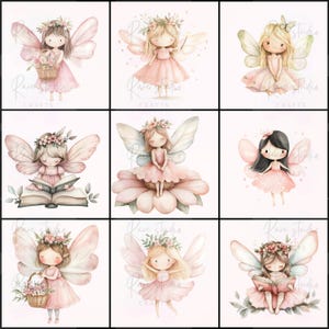 Puede incluir: Nueve ilustraciones en acuarela de hadas en varias poses. Cada hada tiene alas delicadas, coronas florales y vestidos en tonos rosas. Algunas hadas sostienen cestas, varitas o libros. La obra de arte tiene un estilo suave y caprichoso con el texto "Rare Studio Crafts".