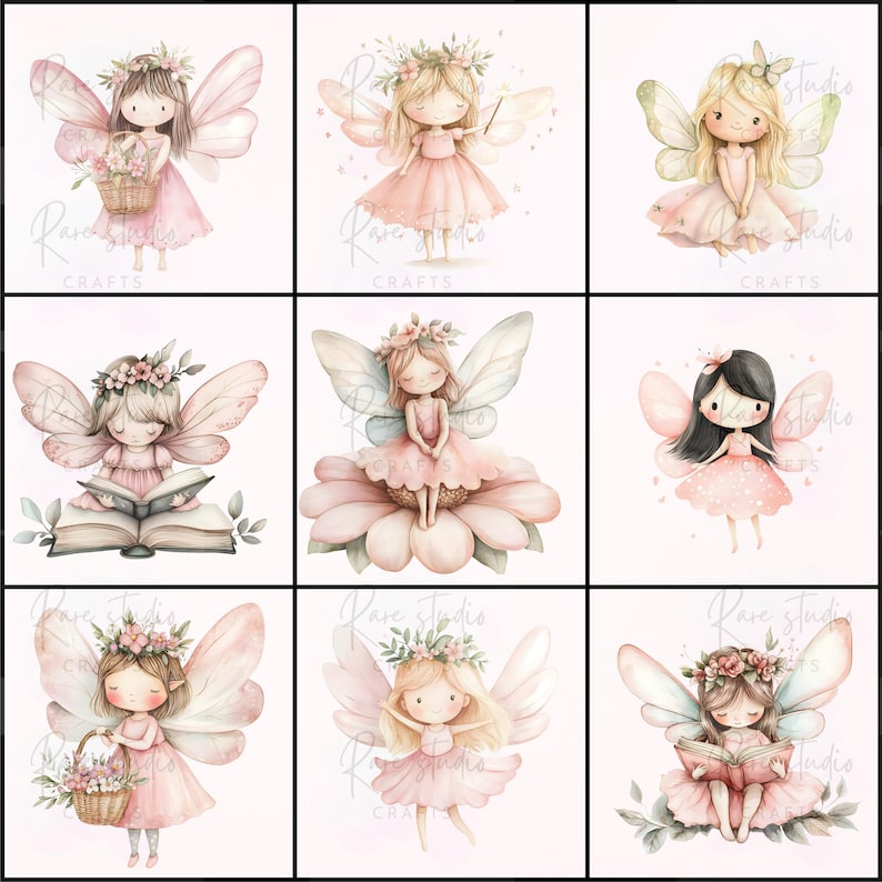 Puede incluir: Nueve ilustraciones en acuarela de hadas en varias poses. Cada hada tiene alas delicadas, coronas florales y vestidos en tonos rosas. Algunas hadas sostienen cestas, varitas o libros. La obra de arte tiene un estilo suave y caprichoso con el texto "Rare Studio Crafts".