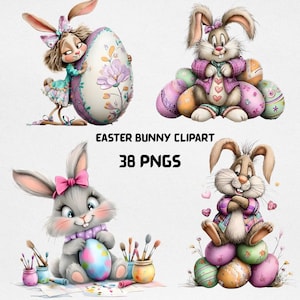 Puede incluir: Una colección de imágenes prediseñadas de conejitos de Pascua. Las imágenes presentan conejitos de dibujos animados con huevos de Pascua decorados. El texto "EASTER BUNNY CLIPART" y "38 PNGS" se muestra en el centro de la imagen.