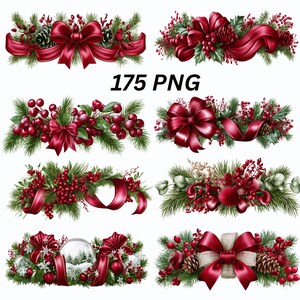 Könnte beinhalten: Eine Sammlung von 175 digitalen PNG-Grafikelementen mit weihnachtlichen Arrangements. Jedes Design enthält grüne Tannenzweige, dunkelrote Schleifen, Stechpalmenbeeren und Tannenzapfen, teilweise ergänzt durch Schneekugeln.