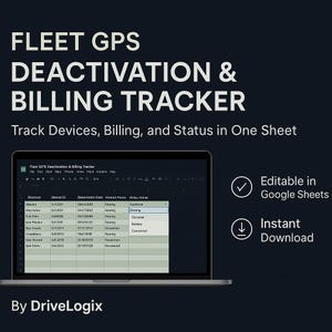 May include: A laptop screen shows a spreadsheet titled "Fleet GPS Deactivation & Billing Tracker." The text reads "Track Devices, Billing, and Status in One Sheet." Additional text includes "Editable in Google Sheets" and "Instant Download." The product is by DriveLogix.