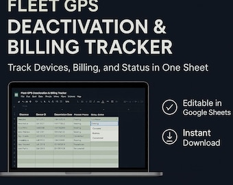 Fleet GPS Abschalten und Billing Tracker | Excel & Google Sheets | Bearbeitbare Fuhrparkmanagement Vorlage | Fahrzeugverfolgung