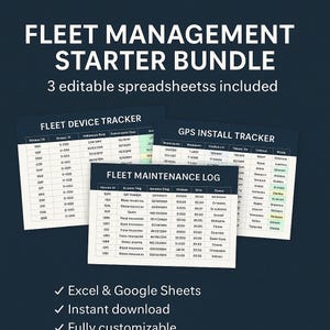 Może przedstawiać: Obraz produktu cyfrowego przedstawiający "FLEET MANAGEMENT STARTER BUNDLE" z trzema edytowalnymi arkuszami kalkulacyjnymi. Zestaw zawiera narzędzie do śledzenia urządzeń floty, narzędzie do śledzenia instalacji GPS i dziennik konserwacji floty. Obraz wyróżnia również kompatybilność z programami Excel i Google Sheets, natychmiastowe pobieranie i pełną konfigurowalność.