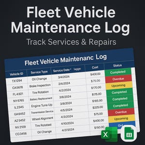 May include: A digital document titled "Fleet Vehicle Maintenance Log" with the text "Track Services & Repairs." The document displays a table with vehicle service records, including service type, date, and cost. The status column uses color-coding.