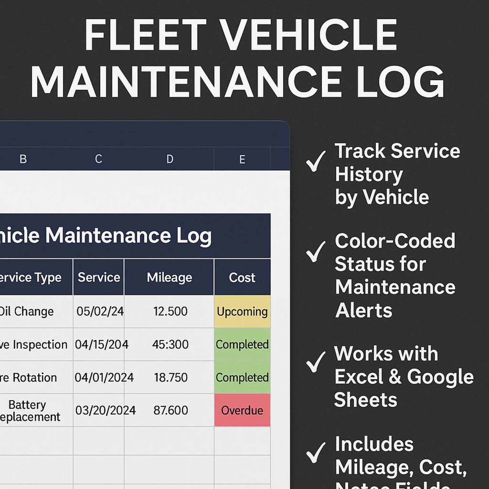 Fleet Vehicle Maintenance Log Spreadsheet – Track Services & Repairs ...