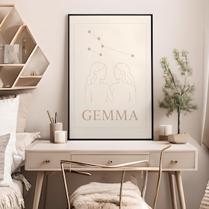 Gemini Zodiac Sign Wall Art Printable, Minimalist Gemini Twins Poster, Astrology Constellation Digital Download Gift for Star Sign,gift