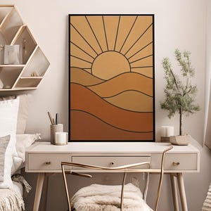 Minimalist Abstract Sunrise Landscape Wall Art With Warm Earth Tone Hills | Digital Printable For Boho Or Japandi Decor, Dorm, Gift, Teen