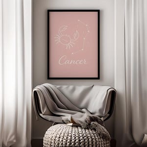 Cancer Zodiac Sign Wall Art Printable, Pink Astrology Poster with Constellation and Crab Symbol, Digital Gift for Water Signs,gift,dorm,mom
