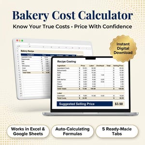 Puede incluir: Una plantilla de hoja de cálculo digital Bakery Cost Calculator mostrada en dos pantallas de computadora portátil. La interfaz presenta columnas para precios de ingredientes, mano de obra y gastos generales, con un precio de venta sugerido.
