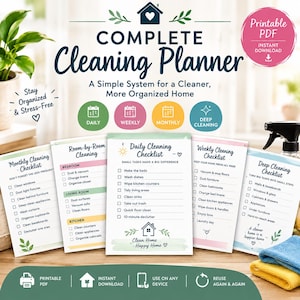 Könnte beinhalten: Ein digitales Reinigungsplaner-Set mit mehreren druckbaren Seiten, darunter eine tägliche, wöchentliche und monatliche Reinigungs-Checkliste, ein Raum-für-Raum-Reinigungsleitfaden sowie eine Checkliste für die gründliche Reinigung.