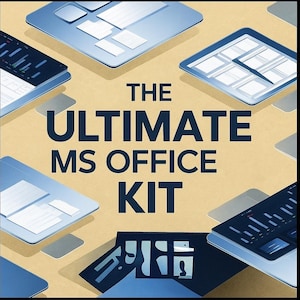 May include: An illustration with the text "THE ULTIMATE MS OFFICE KIT". The image features blue-toned computer screens and keyboards on a light tan background. The text is in a large, bold font.