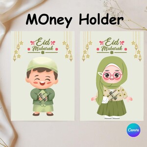 Könnte beinhalten: Zwei Geldbörsenkarten mit Cartoon-Illustrationen. Eine zeigt einen Jungen in grüner Kleidung, die andere ein Mädchen mit Hidschab. Beide Karten tragen den Text "Eid Mubarak" und dekorative Elemente.