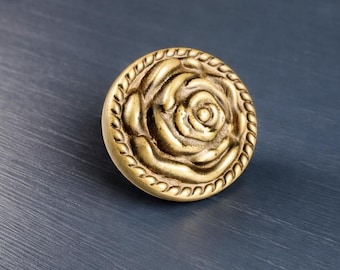 Rose Brass Cabinet Knob, Vintage Floral Drawer Pull, Solid Cast Hardware (30 mm)