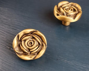 Solid Brass Rose Knob, Vintage Floral Cabinet Drawer Hardware (28mm)