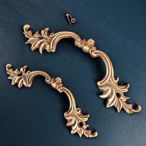 Può includere: Due pomelli per cassetti in ottone in stile antico con un design floreale. I pomelli hanno una maniglia curva e decorazioni a forma di foglia. Una piccola vite è visibile sulla superficie blu scuro.