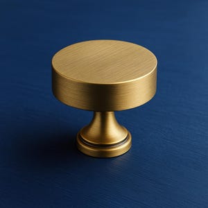 Op de afbeelding: Een goudkleurige kastknop met een cilindrische bovenkant en een voet. De knop heeft een geborstelde metalen afwerking en staat tegen een donkerblauwe achtergrond. Geschikt voor laden en kasten.