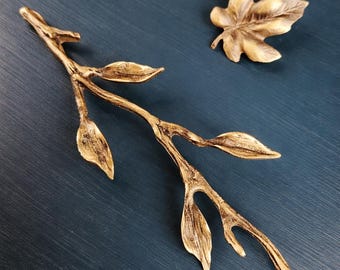 Solid Cast Brass Leaf Branch Cabinet Pull Handle, Nature Style Drawer Hardware (96 mm)