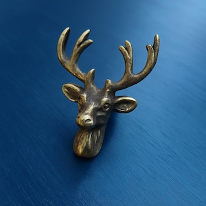 Rustic Deer Head Brass Knob – Handmade Vintage Drawer Pull for Cabinets and Furniture