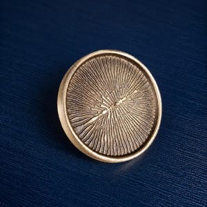May include: A round, bronze-colored metal object with a textured, radial pattern. The object has a raised, circular border and a detailed design resembling a cross-section of a tree trunk. The background is a dark blue.