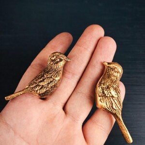 May include: Two small, detailed, gold-colored bird figurines. The birds are perched on a hand, showcasing their intricate feather and beak details. The background is a dark, solid color, emphasizing the figurines.
