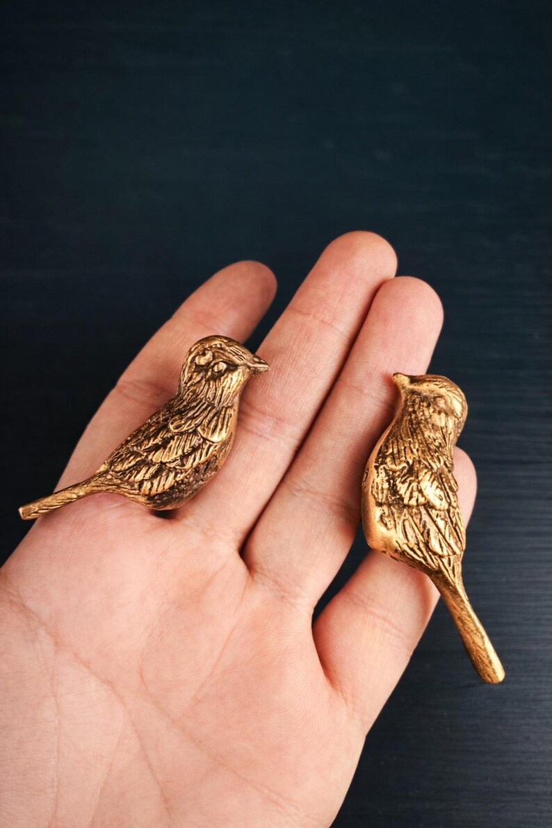 May include: Two small, detailed, gold-colored bird figurines. The birds are perched on a hand, showcasing their intricate feather and beak details. The background is a dark, solid color, emphasizing the figurines.