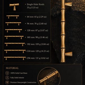 May include: Bamboo-style solid brass knobs and pulls. The image shows a variety of sizes, from a single-hole knob to pulls up to 256 mm (10.08 inches) long. The weight guide is also included, with weights ranging from 35 g (1.23 oz) to 131 g (4.62 oz).