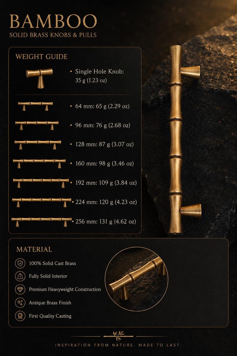 May include: Bamboo-style solid brass knobs and pulls. The image shows a variety of sizes, from a single-hole knob to pulls up to 256 mm (10.08 inches) long. The weight guide is also included, with weights ranging from 35 g (1.23 oz) to 131 g (4.62 oz).