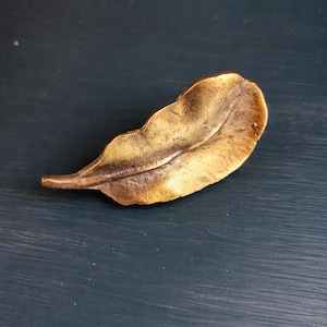 May include: A detailed, golden-colored leaf-shaped decorative object. The leaf has a textured surface with a prominent central vein and a slightly curved shape. The object is likely made of metal and rests on a dark blue surface.