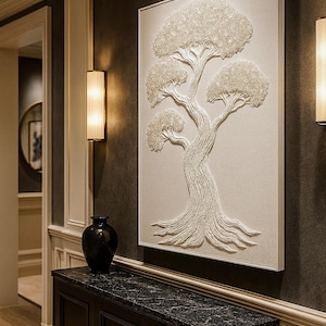 Boho Art White 3d Textured Tree Painting Sparkly Wall Art White Minimal Nature Painting Modern Decor for Home or office White Painting