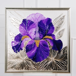 Plaster Flower Wall Art Dimensional Floral Artwork Textured painting with Resin and Crystals 6th Anniversary Gift 60th Anniversary Gift