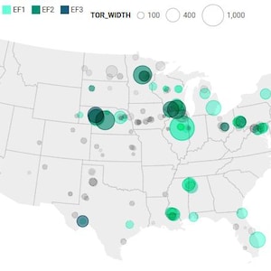 May include: A map of the United States with various sized circles, colored in shades of green and gray, overlaid on the states. The circles are clustered in different regions, with the largest ones in the Midwest and Northeast.